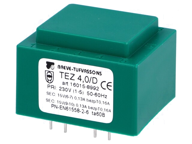 Transformator: ingegoten; 4VA; 230VAC; 15V; 15V; 133,3mA; 133,3mA Transformator: ingegoten; 4VA; 230VAC; 15V; 15V; 133,3mA; 133,3mA